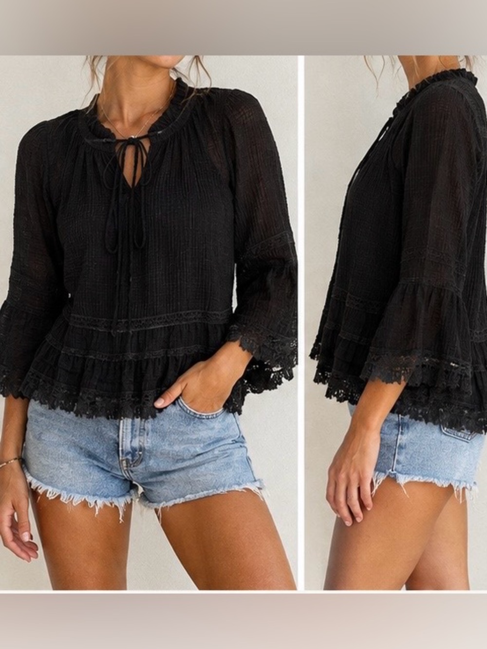 New. POL BLACK BOHO PEASANT TOP